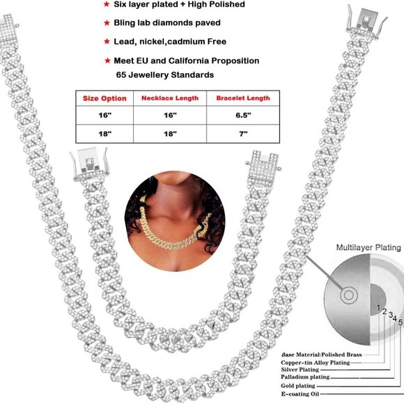 14k Gold/Silver Cuban Link Chain Set for Women Iced Out Diamond Bling Jewelry - Picture 2 of 7